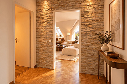 Flur mit Blick in das Wohnzimmer AI möbliert