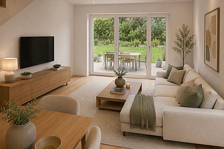 Wohnzimmer mit Blick in den Garten visualisiert