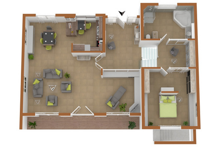 Livingbereich, Bad und Schlafzimmer