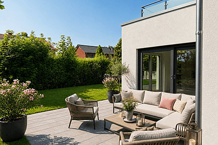 Terrasse mit Garten und visualisierter Möblierung